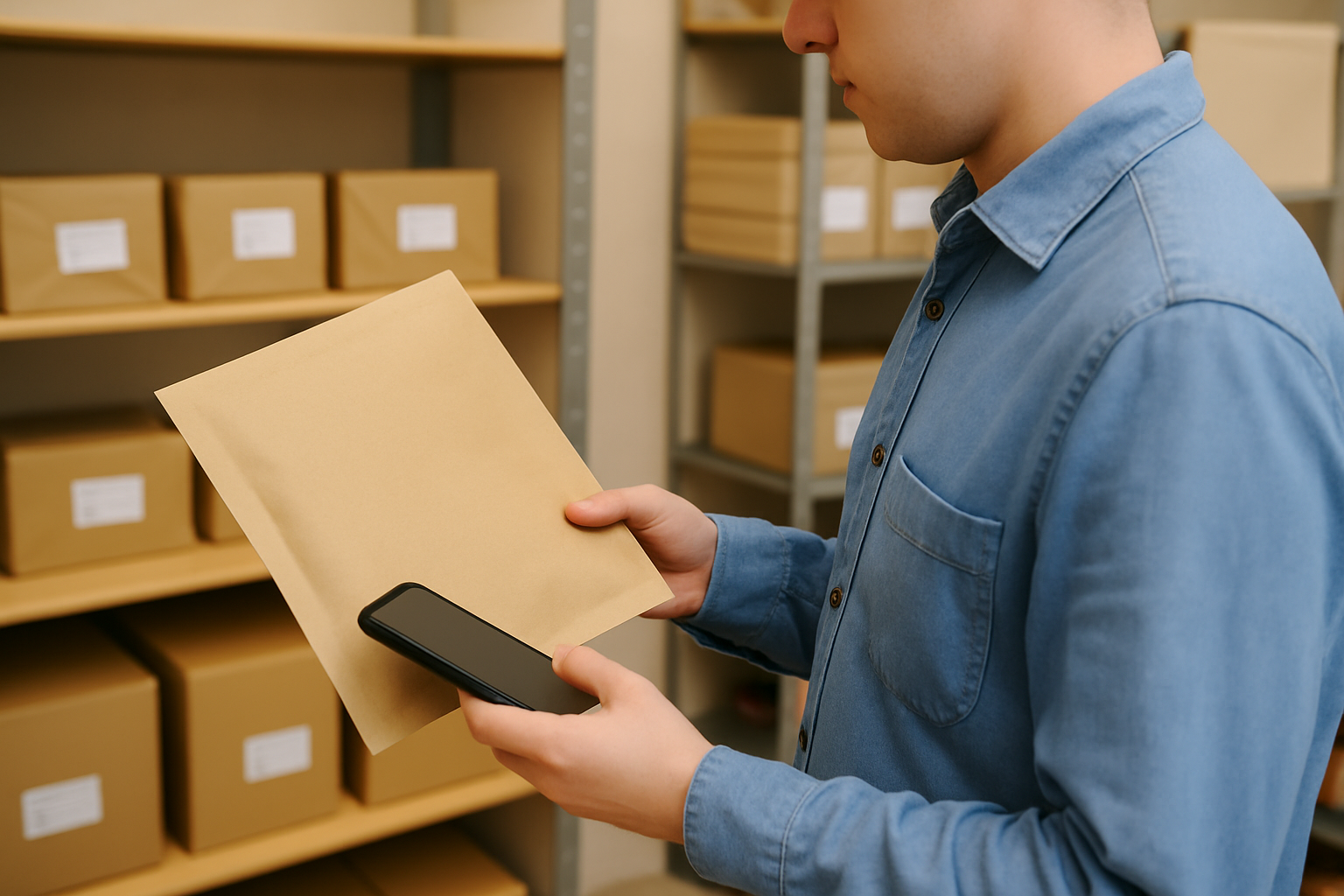 A shop's personal looking for a parcel in a shelve