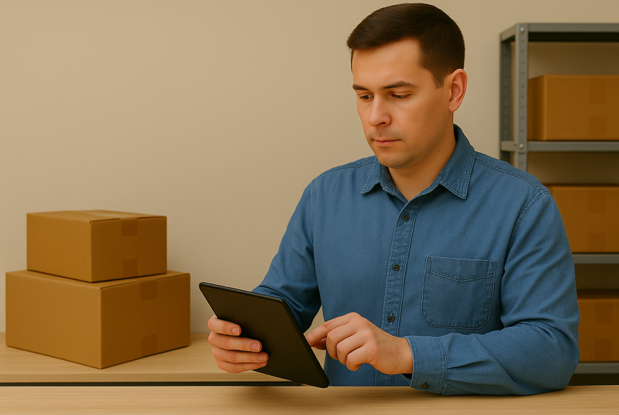 A shop's employee looking at a phone