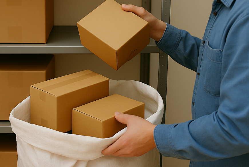 A person putting parcels in a white bag